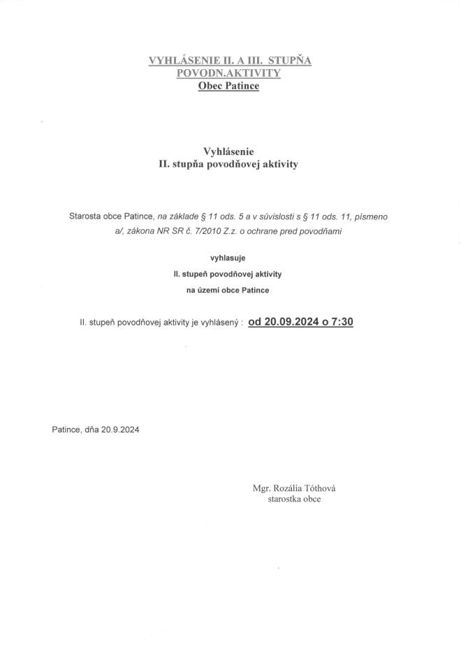 Vyhlásenie II a III. stupňa povodn. aktivity